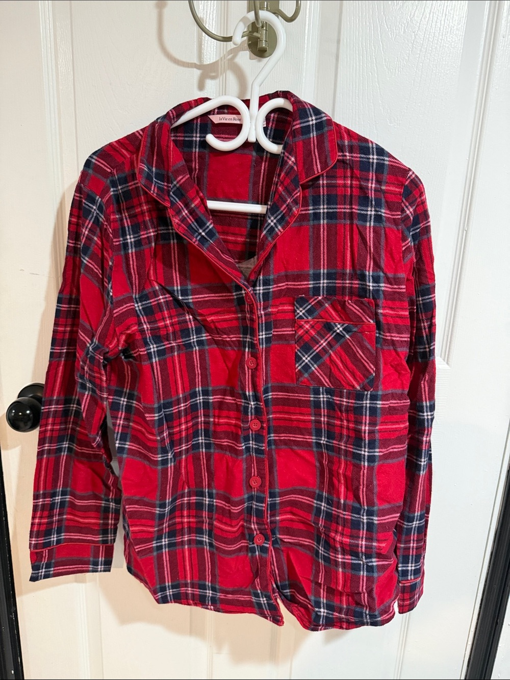 La Vie En Rose Red and Navy Plaid Women's Button-Up Pajama Top